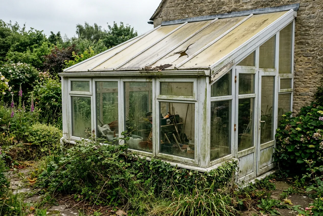 A tired conservatory with a yellowed polycarbonate roof, greyed uPVC frames and algae staining along the base.