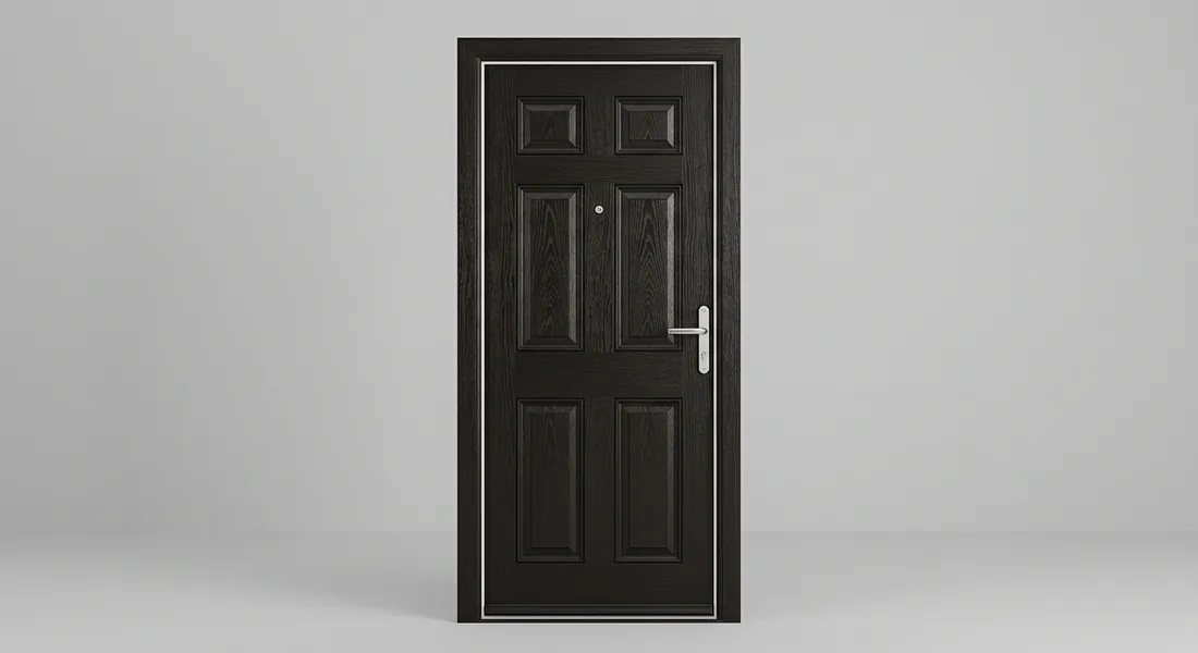 6 Panel Composite Door, shown in Black Brown